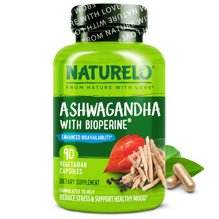 NATURELO Ashwagandha Organic Root Powder - Natural Herbs Supplement for Fatigue, Stress Relief, Mood Enhancer - with Black Pepper Extract - 90 Vegan Capsules