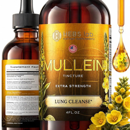 HEBS LAB. Mullein Leaf Extract for Lung Cleanse and Health - Mullein Drops Made in USA - Lung Support Supplement - Herbal Respiratory Support - Mullein Extract Tincture 4 Fl Oz