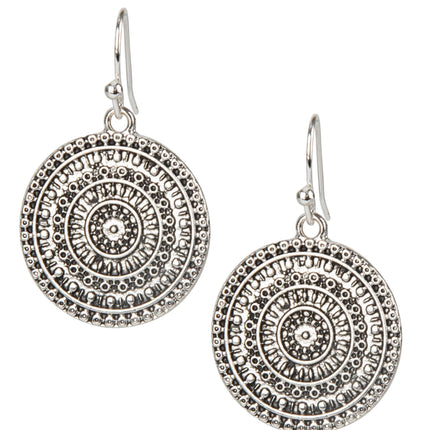 Boho Silver Medallion Drop Earrings for Women – Lightweight Hammered Disc Dangle Earrings with Tribal Mandala Design – Fashion Jewelry Gift for Free Spirits (Silver with Hook)
