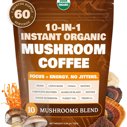 10-in-1 USDA Certified Organic Mushroom Coffee Instant, Instant Mushroom Coffee Brazilian Dark Roast for Better Energy, Focus, Gut Health, 60 Servings Regular Caffeine - ShroomDNA