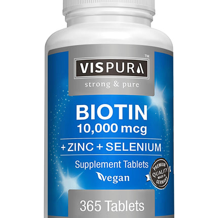 Biotin 10000 mcg + Zinc + Selenium, Pure, Vegan & Extra Strong, Best Supplement for Hair Growth, Glowing Skin, Strong Nails*, 365 Tablets for 12 Months, Natural Without Additives