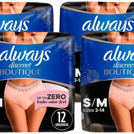 Always Discreet Boutique Adult Incontinence & Postpartum Underwear for Women, High-Rise, Size Small/Medium, Rosy, Maximum Absorbency, Disposable, 12 Count (Packaging May Vary) (Pack of 4)