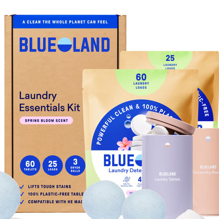 BLUELAND Laundry Essentials Kit, Spring Bloom - Plastic-Free Laundry Detergent Tablets, Oxi Booster, and Reuseable Natural Wool Dryer Balls