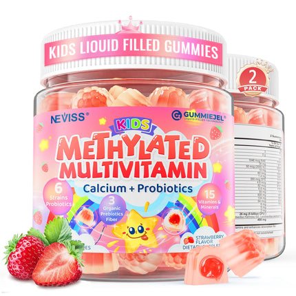 Kids Multivitamin Gummies + Calcium, Probiotics, Vitamin D3, C, Methylated B12 & Methylfolate, B6, A, K2, E, Zinc, Prebiotics for Children Ages 4+, Clean & Sugar Free, for Nutritional Support, 120 Cts