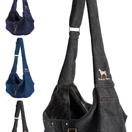 Noah & Paw Dog Sling Carrier for Small Dogs 5-18lb, Dog Sling for Small Dogs and Cats, Dog Carrier with Adjustable Padded Strap, Premium Denim, Lined with Fur, Double Safety Feature, Machine Washable