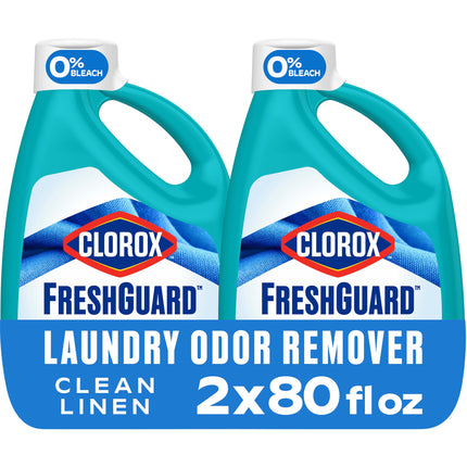 Clorox FreshGuard Laundry Odor Remover, 0% Bleach, Clean Linen, 80 Fl Oz., Pack of 2 (Pack May Vary)