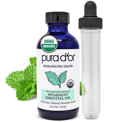PURA D'OR Organic Spearmint Essential Oil (4oz with Glass Dropper) USDA Certified 100% Pure & Natural Therapeutic Grade Diffuser for Aromatherapy, Focus, Concentration, Mood Uplift