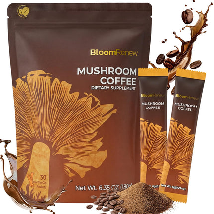 BloomRenew Mushroom Coffee, Instant Mushroom Coffee with 6 Organic Adaptogenic Mushrooms for Immune Support Energy Focus Stomach Friendly, No Strong Earthytaste, Dissolve Instantly,30 Sticks ON THE GO
