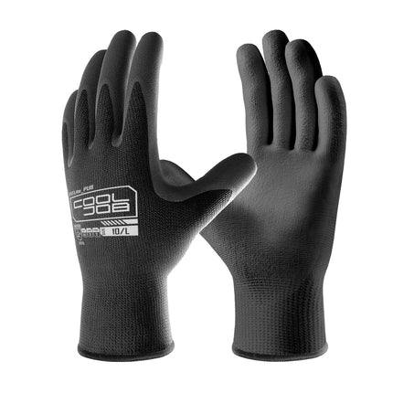 COOLJOB 12/60 Pairs Safety Work Gloves Pack Bulk with Grip PU Coating, 13 Gauge Seamless Knit Gloves with Polyurethane Dipped for Warehouse Working, Breathable Lightweight for Men Women, Black Large
