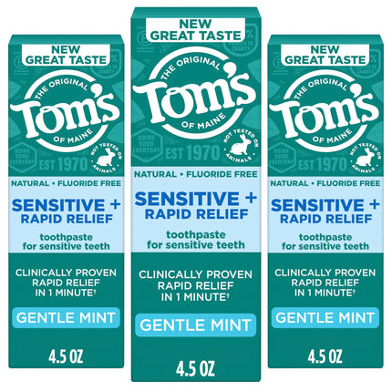 Tom's of Maine Rapid Relief Plus Sensitive Teeth Toothpaste, Fluoride Free, Gentle Mint, 4.5 Oz, 3 Pack, Clinically Proven Enamel Safe, Builds Arginine and Calcium Shield Around Teeth