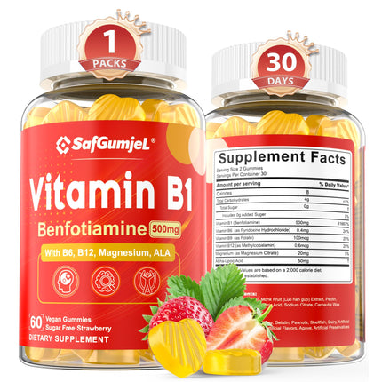 Safgumjel Vitamin B1(Benfotiamine) Gummies 500mg – B1 B6 B12 Vitamins with Magnesium for Energy Metabolism, Healthy Nervous System – Chewable B Complex for Adults & Kids - Vegan, Sugar Free, 60 Ct