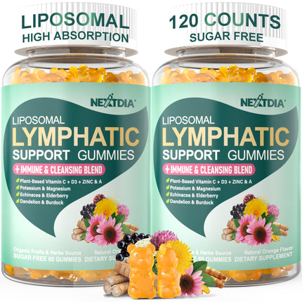 Liposomal Lymphatic Drainage Supplements Gummies - Complex w/ Echinacea, Burdock Root, Dandelion, Cleavers, Vitamin C D3 Zinc, Potassium Magnesium for Lymph & Immune System Health Fluid Balance 120cts