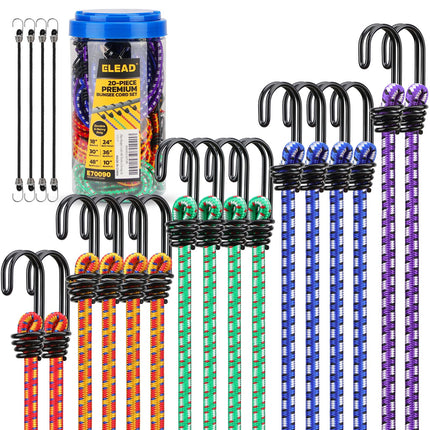 Bungee Cords Heavy Duty Outdoor: 20 Pcs Premium Rubber Bungee Cords with Hooks in a Storage Jar Includes 10", 18", 24", 30", 36", 48" Bungee Cord for Camping, Tent, Fastening Items