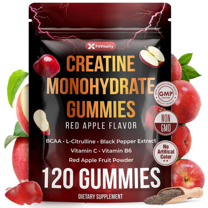 FitVitality Premium 120 Creatine Gummies - Formulation with Creatine Monhydrate, Vitamin C & B6 - Vegan, Non-GMO, Sugar-Free, Red Apple Flavor