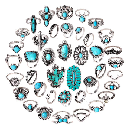 BVGA 40 Pcs Vintage Turquoise Rings for Women Bohemian Silver Oval Gemstone Western Rings Boho Joint Knuckle Midi Stacking Ring Set Gifts