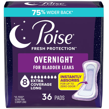 Poise Overnight Incontinence & Postpartum Pads for Bladder Leaks, 8 Drop Extra Coverage, 36 Count