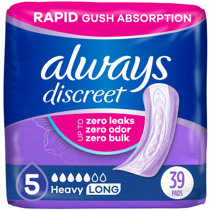 Always Discreet Adult Incontinence Pads for Women, Drier, 5 Drop Long Length, Heavy Absorbency, Pads for Bladder Control Management, Bladder Leaks, & Postpartum Pads, 39ct