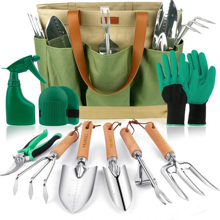 YAUNGEL Gardening Tools Set of 10 Heavy Duty Gardening Hand Tools Stainless Steel Garden Tools with Wooden Handle, Storage Garden Bag, Gardening Gifts for Women and Men
