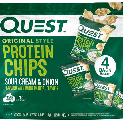 Quest Nutrition Sour Cream & Onion Protein Chips, 19g Protein, 4g Net Carbs, Low Carb, Gluten Free, 1.1 oz, 4 count
