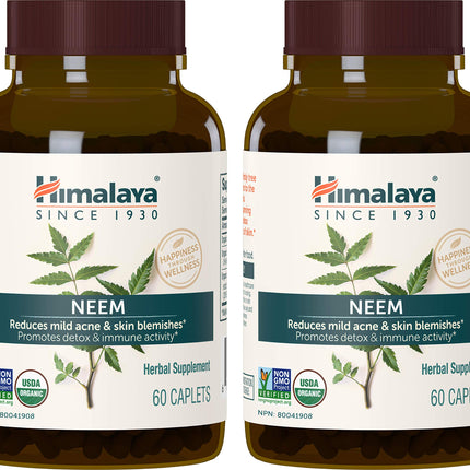 Himalaya Organic Neem Herbal Supplement, for Mild Acne & Clear Skin, Purifying, Ayurvedic, USDA Certified Organic, Non-GMO, Vegan, 600 mg, 60 Plant Based Caplets, 2 Pack