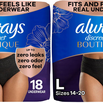 Always Discreet Boutique Incontinence and Postpartum Underwear for Women, Maximum Protection, L, Black, 18 Count (Packaging May Vary) (Pack of 2)