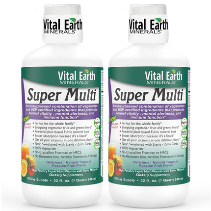 Vital Earth Minerals Super Multi 2-Pack – Liquid Multivitamins for Women, Men & Kids, Liquid Vitamins with Fulvic Acid for Better Absorption, MTHFR Support, 32 Oz Ea + 1 Oz Cup
