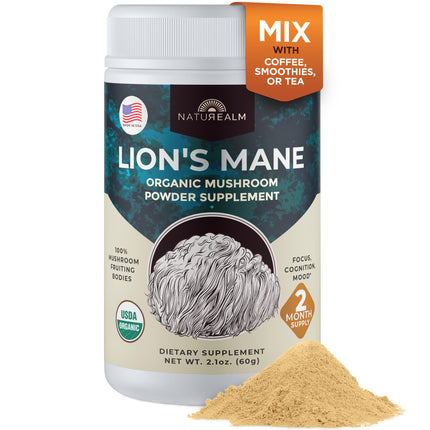 Naturealm Lions Mane Mushroom Powder Supplement | 30-Day Supply | Organic Lions Mane Powder | Brain Health, Focus & Memory Support | 100% Fruiting Body Extract | Vegan Coffee Supplement