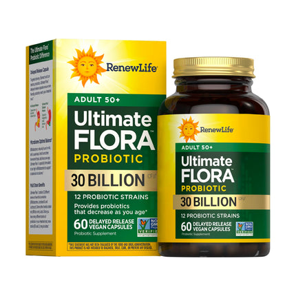 Renew Life Probiotic Adult 50 Plus Probiotic Capsules, Daily Supplement Supports Urinary, Digestive and Immune Health, L. Rhamnosus GG, Dairy, Soy and gluten-free, 30 Billion CFU, 60 Count