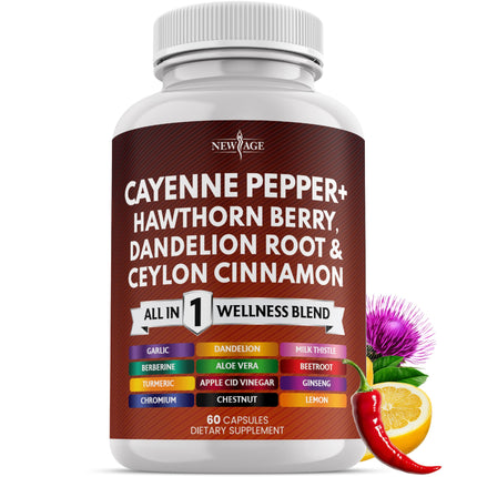 NEW AGE Cayenne Pepper Capsules Supplement with Hawthorn Berry, Dandelion Root, Ceylon Cinnamon, Garlic, Ginger, ACV, Milk Thistle, Beet Root, Aloe Vera - 60 Count