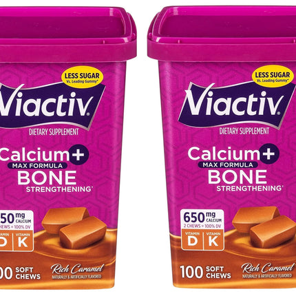 Viactiv Max Formula Calcium +Vitamin D3 Supplement for Bone Health, Rich Caramel, 100 Soft Chews - 2 Pack