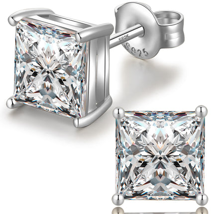 18K White Plated Sterling Silver Princess Cut Cubic Zirconia Stud Earrings Square Simulated Diamond CZ Stud Earrings for Women Men Hypoallergenic 6mm