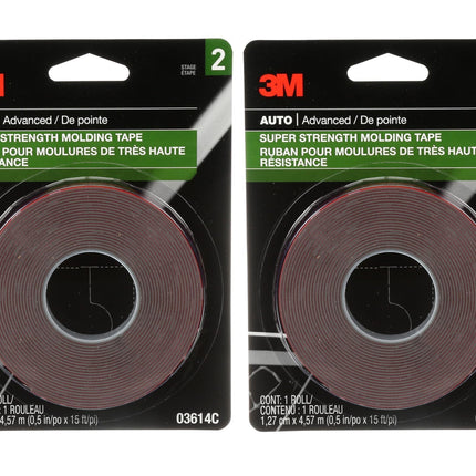 3M Scotch-Mount Automotive Molding Tape, Super Strength Double-Sided Adhesive, 1/2 Inch x 15 Ft per Roll (Pack of 2) – for Car Trim, Emblems, Moldings
