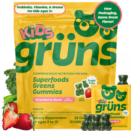Gruns Multivitamin for Kids, Sugar-Free, Super Greens Superfood Gummy Bears with 20 Vitamins & Minerals, Alfalfa, Spirulina, Chlorella, Prebiotics Fiber for Digestive Health, Adaptogens, 28 ct