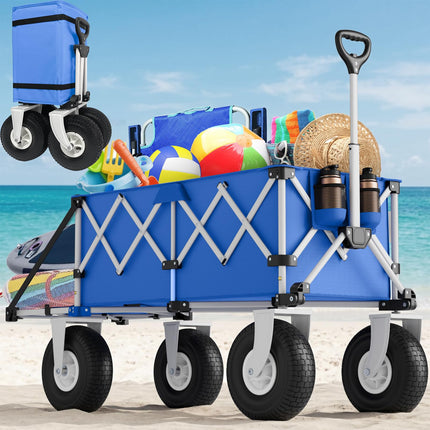 Blue Beach Wagon with Big Wheels for Sand - Heavy Duty 10" Wheel Collapsible Wagon Foldable Large Cart Folding All Terrain for Camping