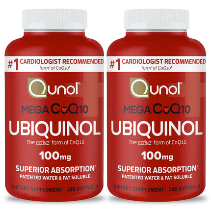 Qunol Mega Ubiquinol CoQ10 100mg, Superior Absorption, Patented Water and Fat Soluble Natural Supplement Form of Coenzyme Q10, Antioxidant for Heart Health, 240 Count Softgels, 120 Count (Pack of 2)