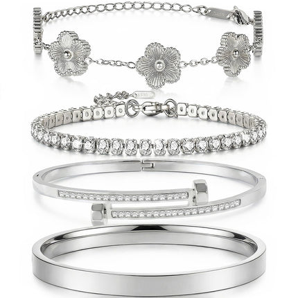 Camhanno Gold Bracelets for Women-4Pcs 18K Gold Plated Love Bangle Tennis Clover Nail Bracelets Stack Set for Women Trendy Non Tarnish Stainless Steel Gold Bangles Accessories Designer Jewelry (Silver Stack Bracelet -2)
