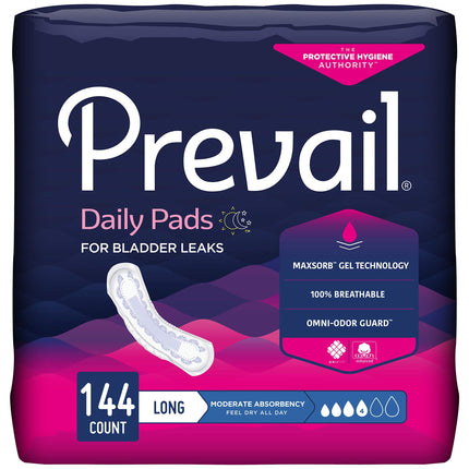 Prevail - Incontinence Bladder Control Pads for Women - Moderate Absorbency - Long Length - 144 Count (9 packs of 16)