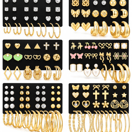 81 Pairs Gold Stud Earrings Set for Women Multipack, Trendy Pearl Cubic Zirconia Butterfly Heart Stud Hoops Earrings Packs, Gold Hoops Earrings for Jewelry Gifts