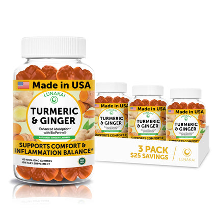 Lunakai USA Made Turmeric and Ginger Supplement Gummies 500mg with Black Pepper – High Absorption Curcumin Turmeric Gummies for Joint Comfort, Daily Immune Support, Non-GMO - 3 Pack