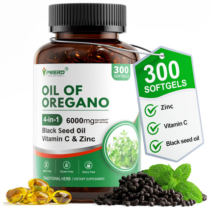 PWERD Oil of Oregano with Black Seed Oil Softgels,4 in 1 Organic Oregano Oil Capsules for Immune & Digestive Support – Non-GMO, Gluten-Free Softgels – Natural Herbal Wellness Supplement (300 Count)