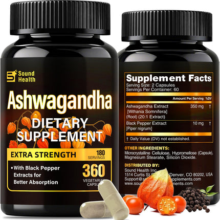 SoundHealth Organic Ashwagandha Capsules Supplement - 360 Capsules (180 Servings)