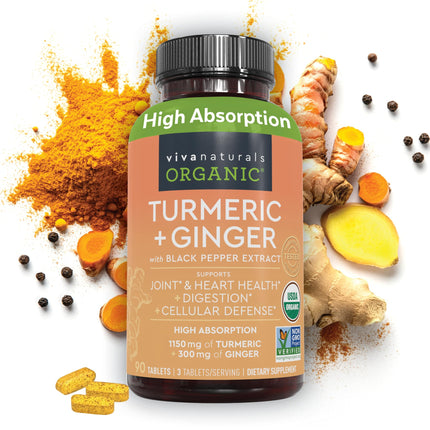 Viva Naturals Turmeric and Ginger Supplement with Black Pepper for Better Absorption - Organic Turmeric Curcumin to Support Joint, Heart and Digestive Health, Non-GMO - 120 Tablets