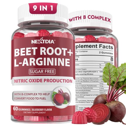 Beet Root Gummies, Beetroot & L-Arginine, Red Beets Supplements w/ Vitamin B1, B2, B3, B5, B6, Folate, B12 for Energy Boost & Circulation Support, Sugar Free Nitric Oxide Gummies, 120 Beet Chews