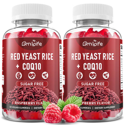 GrnLife 2 Pack Red Yeast Rice with Coq10 Gummies, Red Yeast Rice Supplement, Sugar Free, Raspberry Flavor, 120 Count