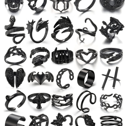 Black Gothic Vintage Rings Set - 20-30 PCS Cool Punk Snake Claw Rings Set, Y2K Snake Claw Rings, Open Butterfly Star Stacking Ring Jewelry, Gift for Men Women (Black 2)