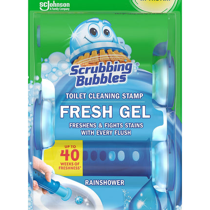 Scrubbing Bubbles Fresh Gel Toilet Bowl Cleaning Stamps, Helps Keep Toilet Clean and Helps Prevent Limescale & Rings, Rainshower Scent, 1 Dispenser with 24 Fresh Gel Stamps