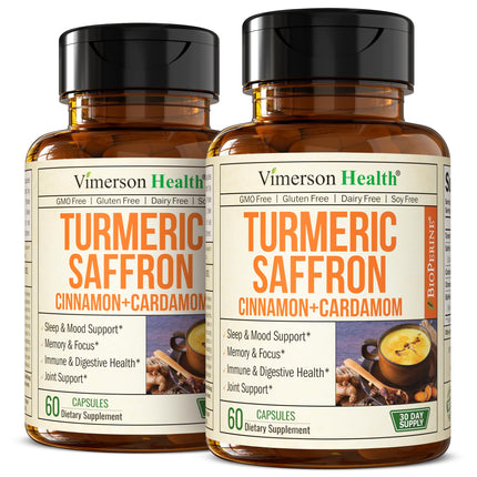Saffron Supplements with Turmeric Curcumin, Saffron Extract (89mg), Ceylon Cinnamon, and Cardamom for Women and Men – Turmeric Supplement for Daily Inflammation, Mood & Joint Support – 60 Caps, 2 Pack