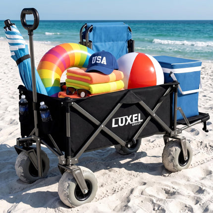 Beach Wagon with Big Wheels for Sand - Heavy Duty Collapsible Folding Utility Wagon Cart 300lb Capacity with 9” All-Terrain Pneumatic Tires & Cup Holders - Portable Garden Camping Outdoor Cart (Black)