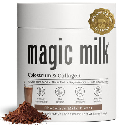 Magic Milk - New Zealand Grass-Fed Colostrum & Collagen | Supports Gut Health, Immunity, & Muscle Recovery | Bioactive Nutrients for Skin & Hair Health | Chocolate Milk Flavor | 20 Servings