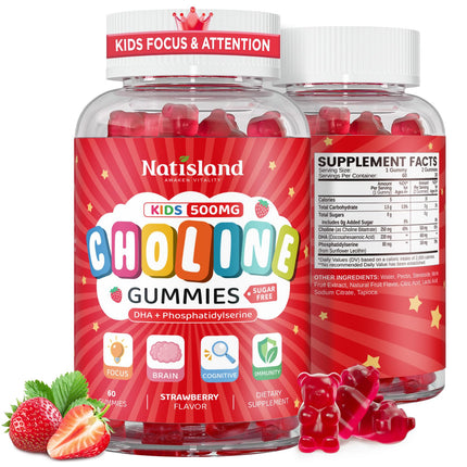 NATISLAND Choline Gummies for Kids & Adults, Choline Supplements 500mg with DHA, Phosphatidylserine for Brain Health, Focus, Immune Support, Sugar-Free, Vegan, Strawberry Flavor, 60 Gummies